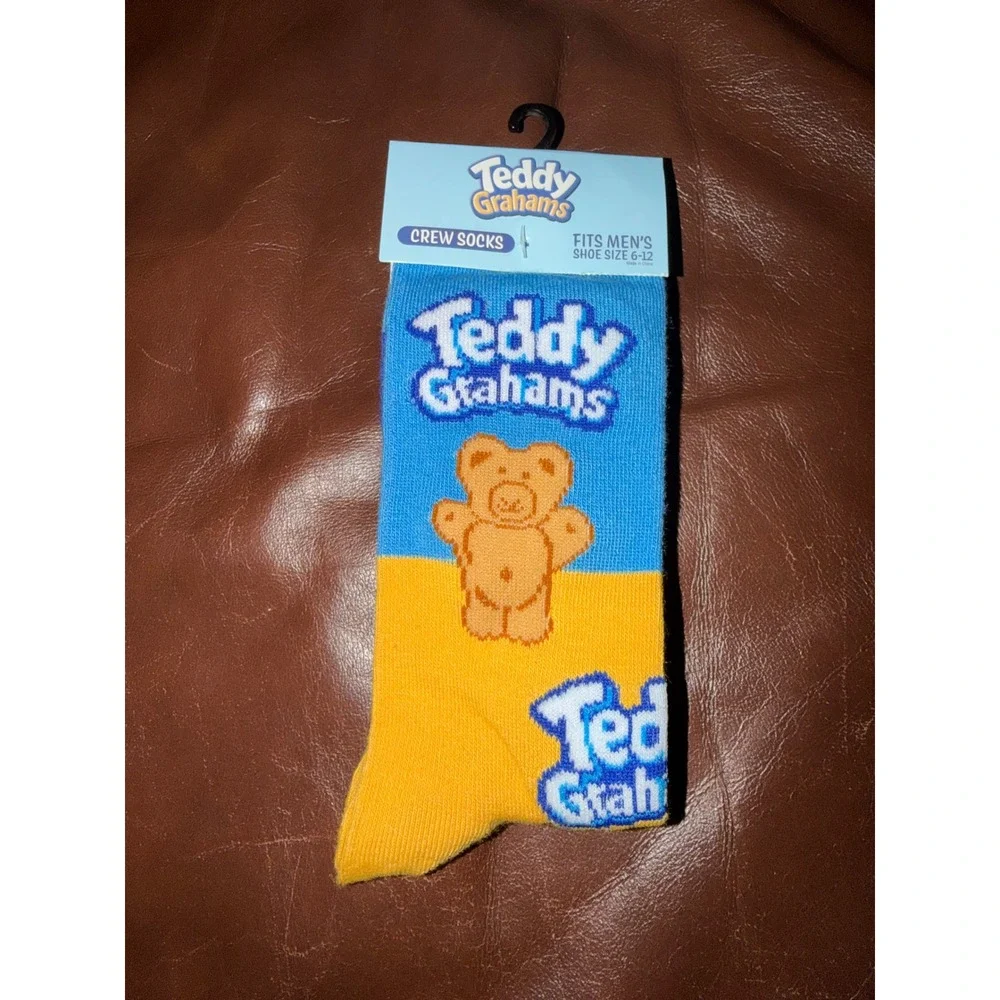 Teddy Grahams Crew Socks Fits Men Shoe Size 6-12 Blue Yellow Bear Novelty